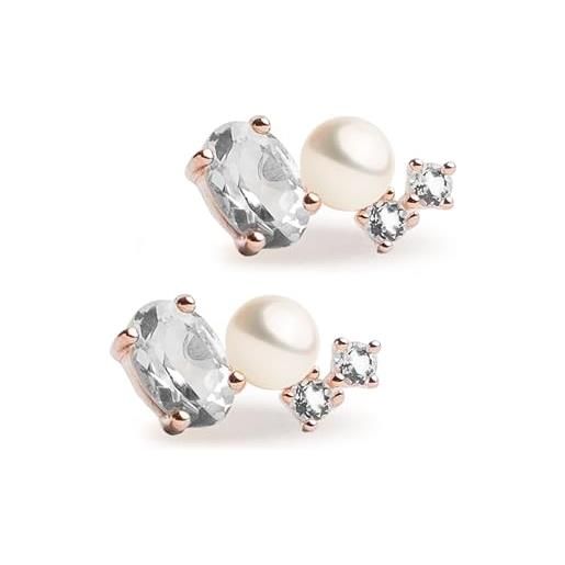 Secret & you moud orecchini donna perle coltivate acqua dolce bottone 4-4,5mm, topazio bianco & ametista verde | argento 925 placcato oro rosa