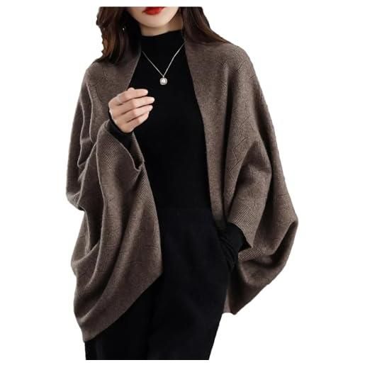 Generic poncho invernale da donna, lavorato a maglia, in puro cashmere, con mantelle, marrone moka, taglia unica