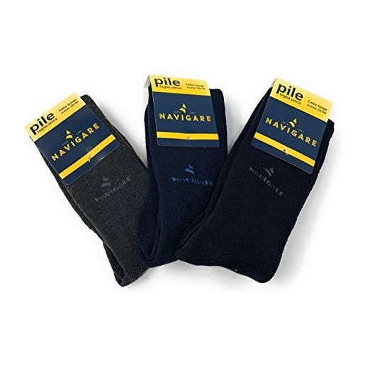 Navigare® 3 paia di calza lunga termica da neve calzini in pile da uomo calze termiche tinta unita da sci calzini abbigliamento intimo blu nero e grigio
