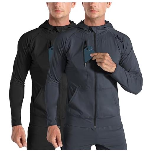 BROKIG dualzip - felpa con cappuccio, da uomo, leggera, con zip, con cappuccio, da corsa, felpa da uomo, nero , s