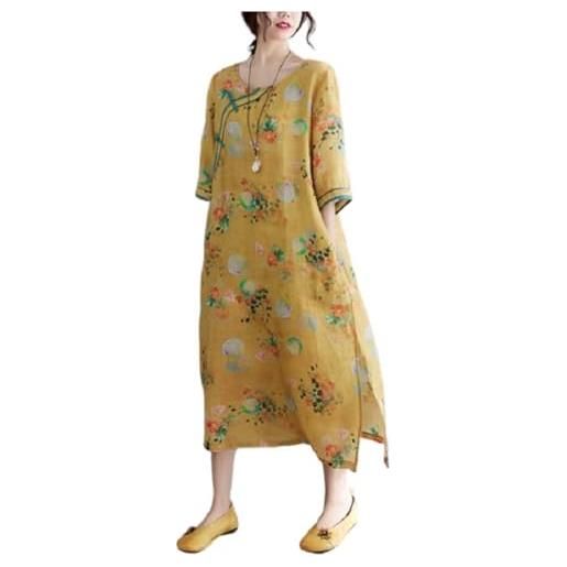 PRINCESS BRIDE abito cheongsam estivo con maniche a 3/4 con stampa in lino, stile vintage, slim fit, con spacco laterale, a12, multicolore, l