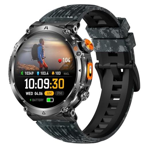 findtime gps militare, smartwatch da uomo con bussola, altimetro, torcia a led, chiamata bluetooth, orologio sportivo per uomini, compatibile con android e ios, mimetico, cinghia