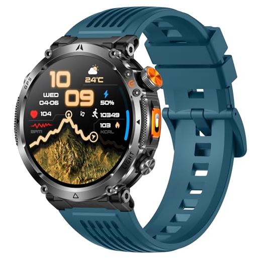 findtime gps militare, smartwatch da uomo con bussola, altimetro, torcia a led, chiamata bluetooth, orologio sportivo per uomini, compatibile con android e ios, blu, cinghia