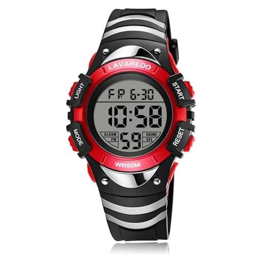 Timever orologio digitale per bambini, con retroilluminazione a led, cronometro, sveglia, impermeabile, per attività all'aperto, multifunzione, per bambini dai 3 ai 12 anni, rosso