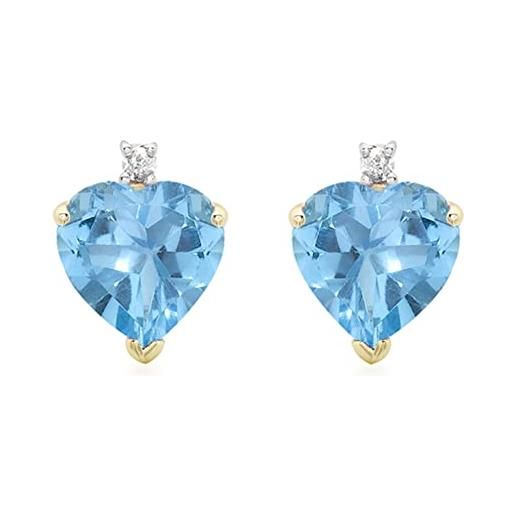 Carissima orecchino a bottone con cuore diamante e topazio blu in oro giallo 9 ct da donna
