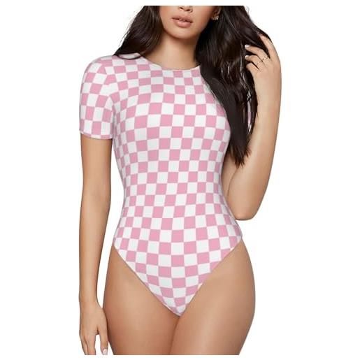 VOSERY body. Suits - body da donna rosa pastello a quadretti girocollo basic manica corta, nero , m