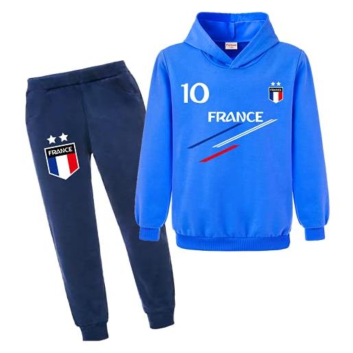 Forlcool set di due pezzi con cappuccio e pantaloni sportivi da calcio per bambini francia 2 stelle, blu navy, 7-8 anni