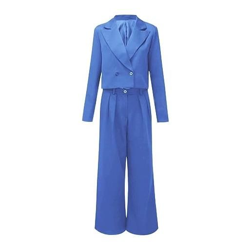 Generic 2 abiti casual da donna giacche ritagliate a vita alta gamba larga pantaloni da lavoro set plus size paillettes pantaloni vestito per le donne, azzurro, s