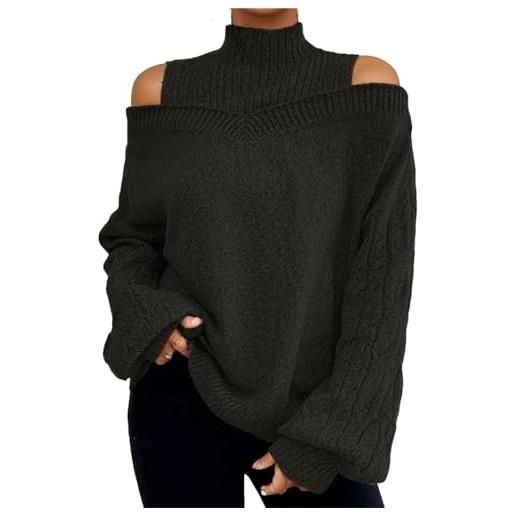 Generic maglione oversize a maniche lunghe con spalle scoperte e collo alto da donna, in maglia a trecce, alla moda(black, large)
