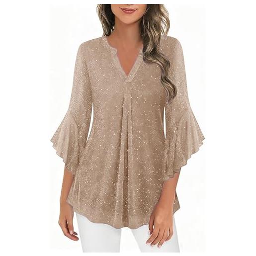 GMQWRK tunica da donna con scollo dentellato scintillante top a tunica in rete trasparente con volant manica a 3/4 pieghe sul davanti pullover scintillante camicie fluide a doppio strato elegante