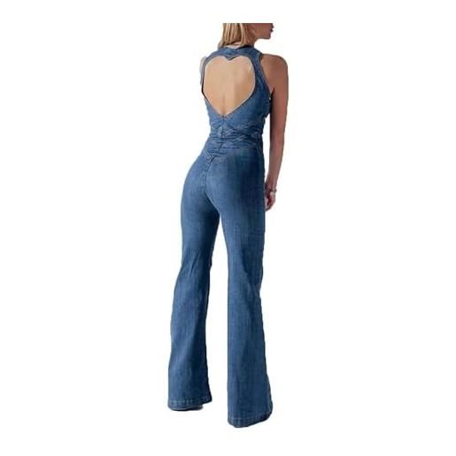 CRITOR tuta da donna in denim con cerniera sul davanti, senza maniche, senza schienale, aderente, in denim, con gamba svasata, pagliaccetti di jeans