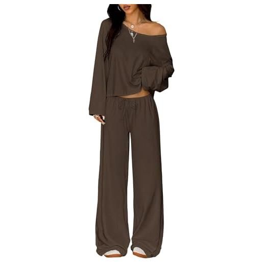 TFNOSIZE completo donna 2 pezzi coordinato con maglia maniche lunghe e pantaloni larghi vita alta stile casual elegante