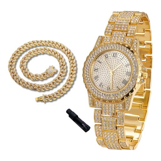 richhut orologio di lusso con diamanti per bambini - iced out bling placcato in oro 18k - quadrante rotondo 39mm cinturino 19cm - strumento di regolazione incluso - con catena cubana 40cm