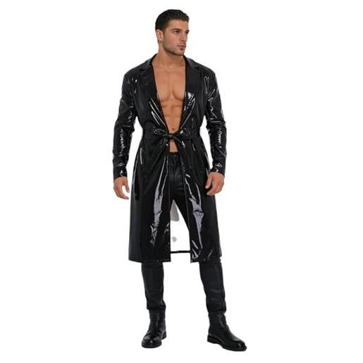 TTAO trench in pelle pvc uomo giacca con cintura cappotto lungo in pelle cappotto lucido vernice cappotto outwear carnevale rave clubwear, nero , xxl