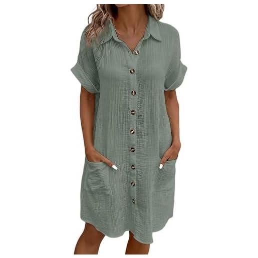 XFSRG vestito in lino donna elegante maniche corte a bottoni scollo a v estive ampio abito con tasca da casual festa(verde/xl)
