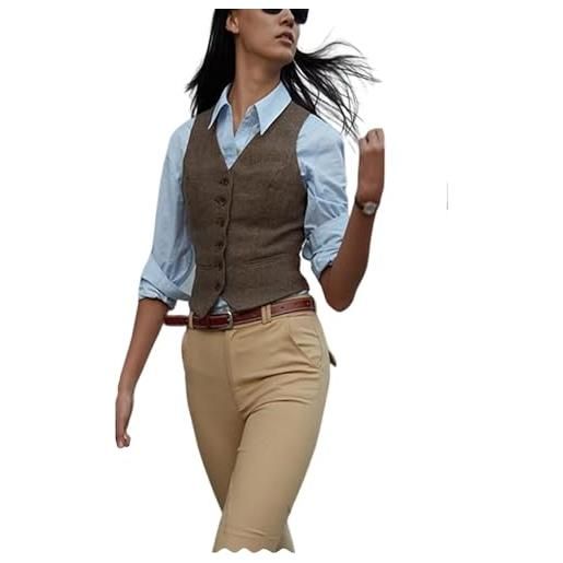 JYDress gilet da donna in tweed a spina di pesce, vestibilità aderente, con scollo a v, grigio chiaro, small