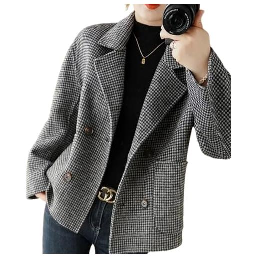 LIEROLYE cappotto corto in lana pied de poule da donna, giacca blazers corta doppiopetto con tasca(l)