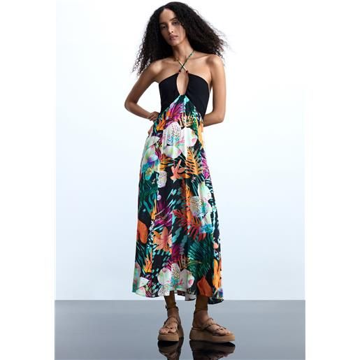 Desigual, vestito lungo tropicale, donna, viscosa, nero, l