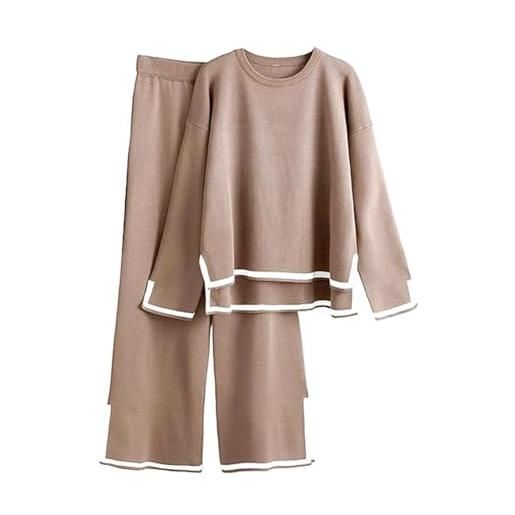 Cicano set da 2 pezzi da donna, maglione a maniche lunghe, maglione, top e pantaloni, tute da salotto, cachi, s