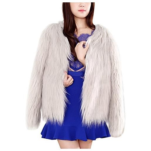 LaoZan donna cappotto corto di pelliccia ecologica di faux giacca blazer giacca corta pelliccia a maniche lunghe l grigio chiaro