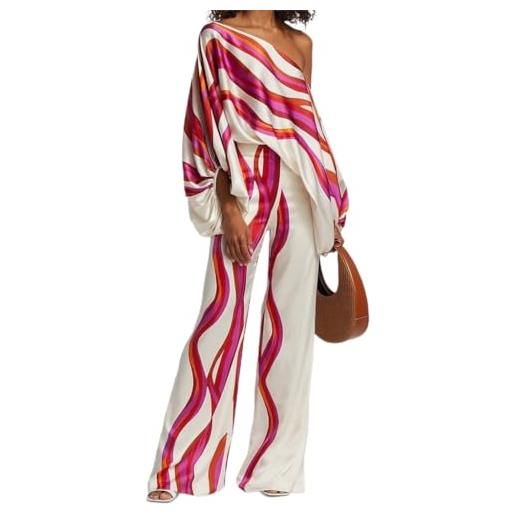 CVZQTE set da 2 pezzi da donna casual con spalle scoperte e pantaloni lunghi 2023 tuta da pendolarismo primaverile abiti larghi con stampa, rosso rosato, l