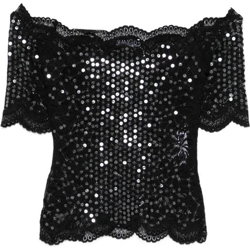 Rabanne top in pizzo con paillettes - nero