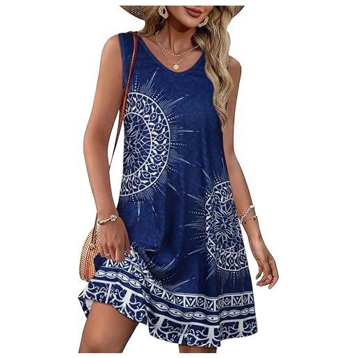 elescat abito estivo da donna, casual, con scollo a v, senza maniche, tasche, da spiaggia, blu bianco boho, l