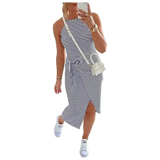 NOLLSOM abito da donna casual senza maniche a righe, canotta, midi abiti con scollo all'americana, increspato, abiti aderenti con laccio in vita, abito estivo, large