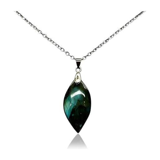 COAI Collana Donna Con Ciondolo Rettangolare In Labradorite Naturale – Pietra Sfaccettata, Catena Oro O Cordoncino