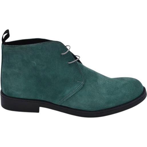 Malu Shoes polacchino uomo vera pelle scamosciata verde petrolio gomma sottile 2 cm business professionista handmade in italy