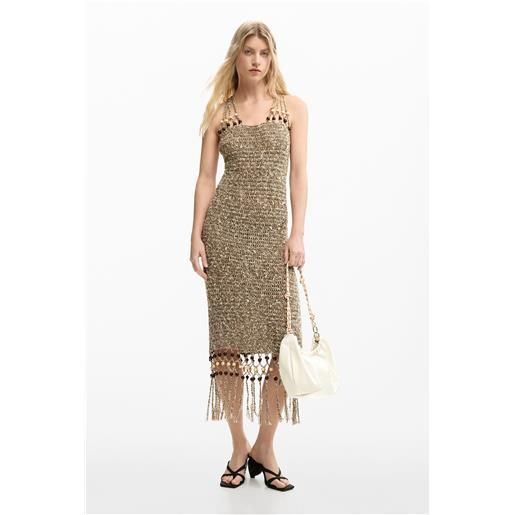 Desigual, vestito con bretelle e frange, donna, marrone, l