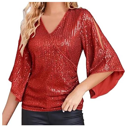FGUUTYM maglia da donna con paillette, scollo a v, a maniche a 3/4, camicetta estiva, tunica, top con brillantini, elegante, per sera, matrimoni, moderni, feste, festival, abbigliamento vintage, vino, s