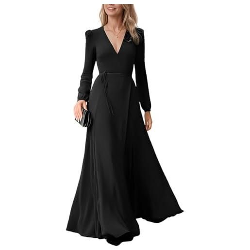 JYIXXZX abito lungo donna elegante vestito da cerimonia manica lunga con scollo a v profondo maxi linea ad a abito da sera causal abiti damigella d'onore da cerimonia ballo festa cocktail autunno iinverno