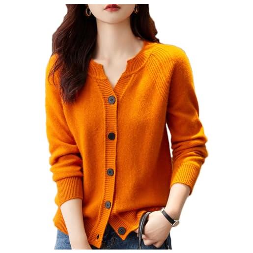 Pohullan cardigan lavorato a maglia in lana merino, da donna, girocollo, in cashmere, con scollo a v, giacca superiore, arancione, m