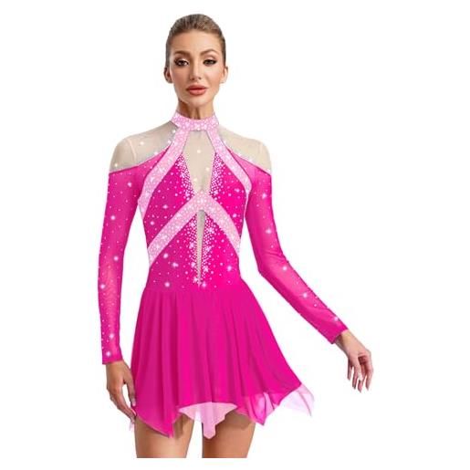 Sinleey abito da pattinaggio artistico su ghiaccio donna manica lunga glitter strass abito da ballo con patchwork a blocchi colorati costume danza professionale per rosa acceso s
