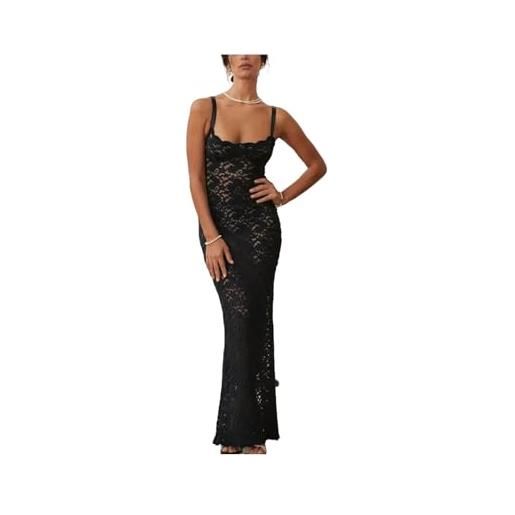 KWTF abito lungo elegante in pizzo trasparente da donna sexy estivo con spalline aderenti per festa di nozze, diviso nero