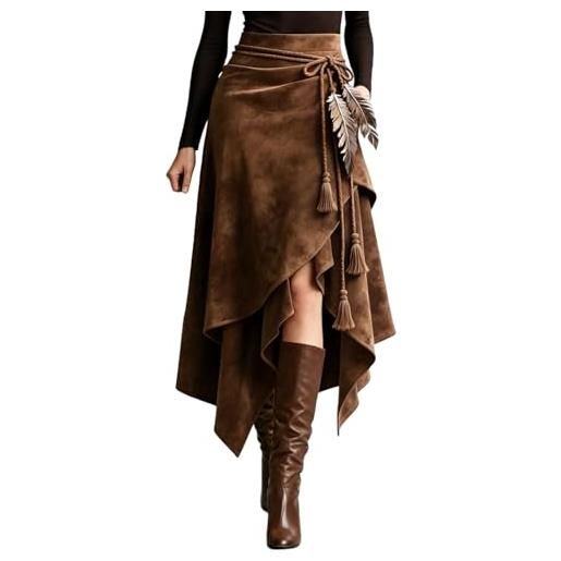 Generico abito elegante svasato con pieghe in pelle scamosciata a vita alta da donna vestito vacanza svasato con pieghe a vita alta da donna orlo asimmetrico stile retrò artistico vacanza