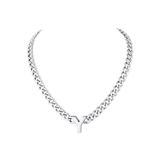 Collana Uomo E Donna Con Iniziale A-Z - Catena Cubana Lucida Oro/Argento In Acciaio Inox, 6,5 Mm, 40,6+5,1 Cm