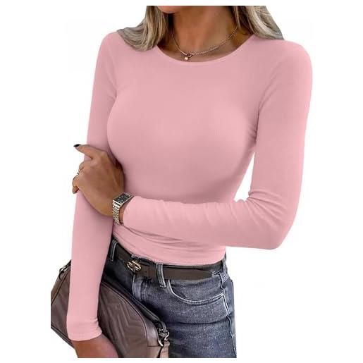 Aottori shirt donna manica lunga girocollo maglia slim fit sexy basic tops a coste elasticizzata maglietta cotone elegante sottogiacca tinta unita rosso vino l