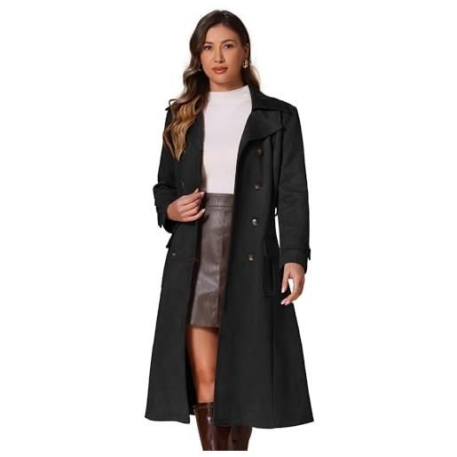 Allegra K trench in finta donna con cintura doppio petto con risvolto dentellato pelle scamosciata per cappotti a maniche lunghe nero l