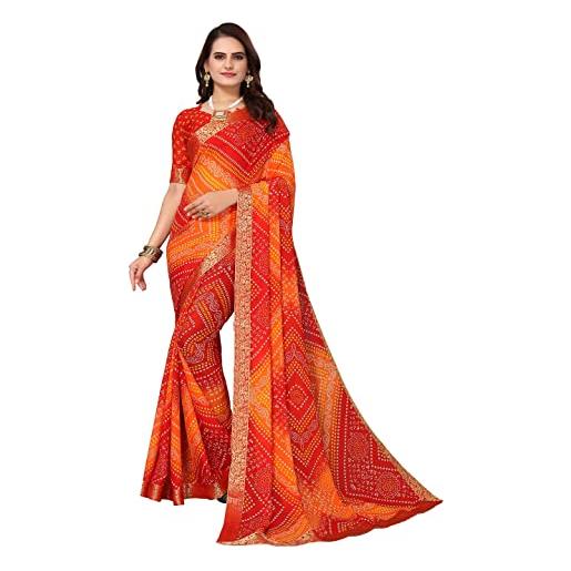 TreegoArt Fashion saree stampato georgette bandhani da donna con camicetta non cucita -(vera red)