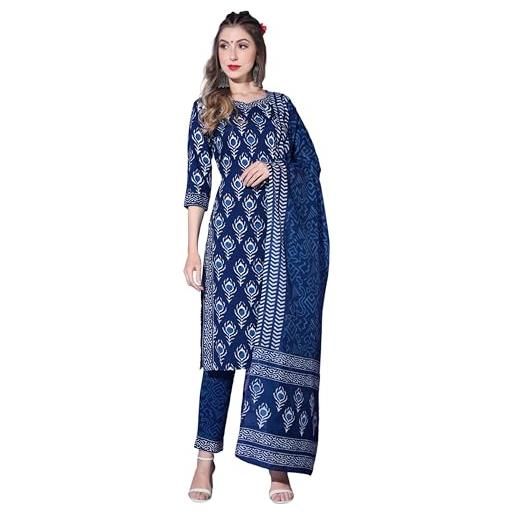 IMTRA FASHION set kurta indiano da donna in poliestere rayon stampato abito dritto, blu reale, m