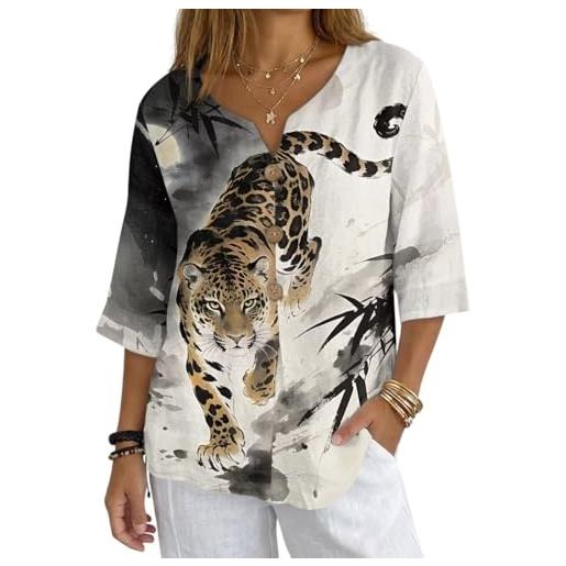 Maglietta Donna Leone E Tigre Feroce – T-Shirt 3D Oversize Manica Corta, Stampa Selvaggia In Cotone E Poliestere