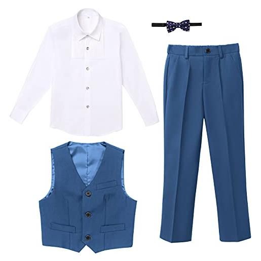 FYMNSI set di abbigliamento per bambino ragazzi completi e coordinati camicia a maniche lunghe pantaloni cravatta a farfalla gilet 4pz abiti da cerimonia smoking completi da sposa da uomo blu 13-14 anni