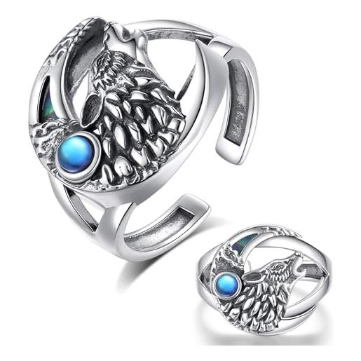 Anello Uomo 925 Argento Lupo Ululante Con Luna - Gioiello Gotico Stile Biker