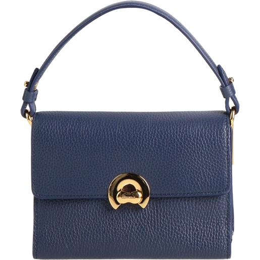 Borsa a mano in pelle blu navy: manici color cognac, shopper con cerniera superiore - Italia