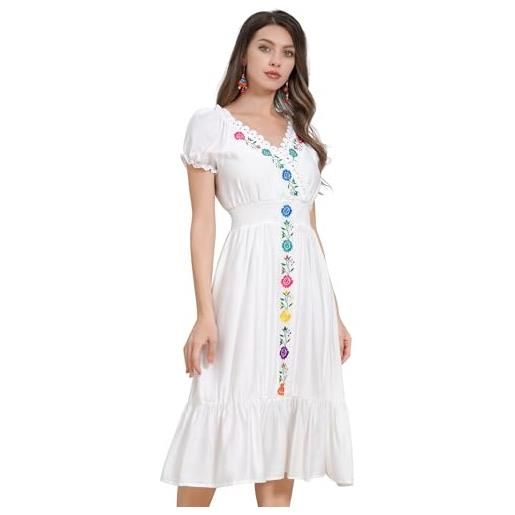 Odizli abito estivo da donna, a maniche corte, con scollo a v, stile boho, con fiori messicani ricamati, linea a, abito midi, bianco, xxl