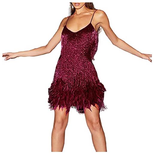 TOSHIKII abito da donna con piume di nappa con paillettes abito da donna sexy con glitter senza schienale abito da donna con frange scintillanti