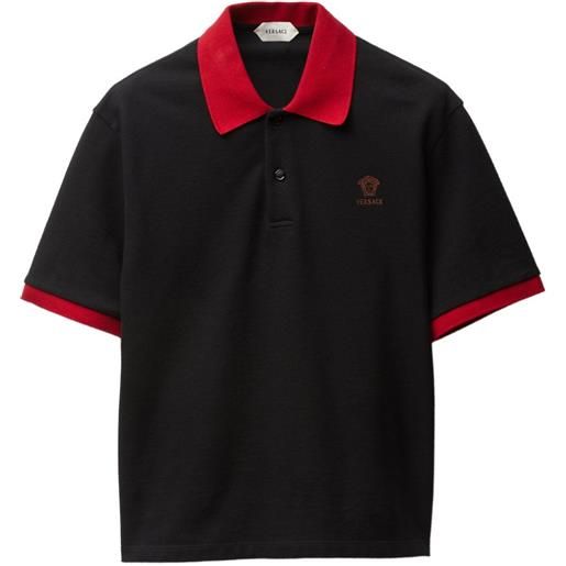 Versace polo in piqué di cotone con ricamo - nero