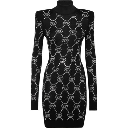 Philipp Plein abito corto con cristalli e monogramma - nero